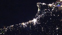 2017年5月22日21時34分頃(GMT)に撮影されたカサブランカ，ラバト（モロッコ），ジブラルタル海峡，バレンシア，バルセロナ（スペイン南岸），マルセイユ（フランス），モナコ，ジェノバ，ボローニャ（イタリア）にかけての夜景です．